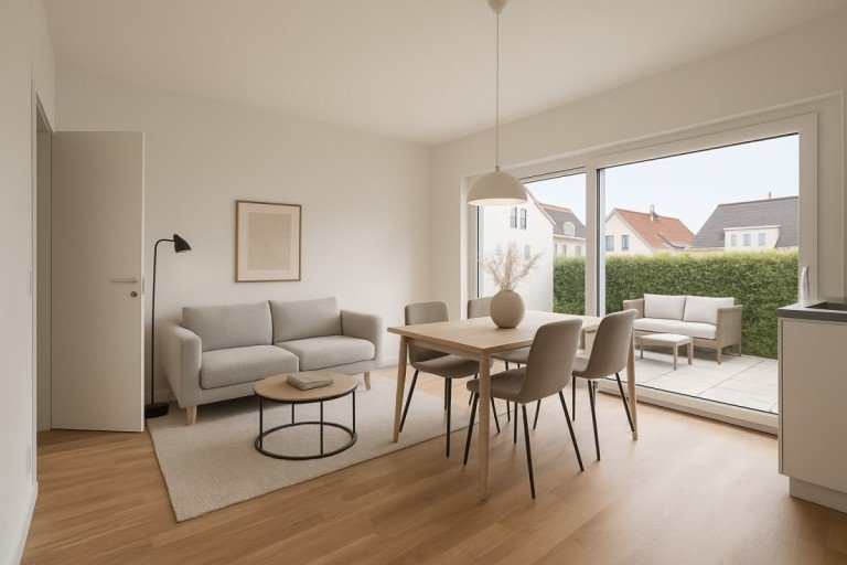 Visualisierung Wohn-Essbereich mit K�che Winnenden Erdgeschosswohnung Zentrale 2-Zimmer-Neubauwohnung mit Terrasse und hohen Decken!
